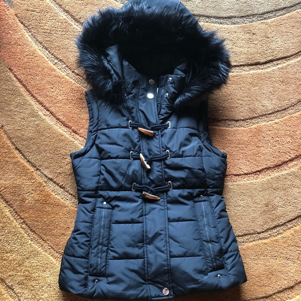 Black puffer vest with fur hood